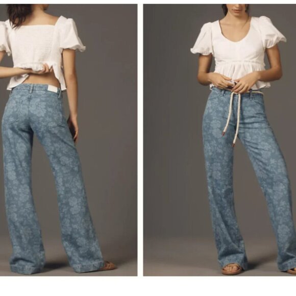 Paige Sonja Blue Floral Jacquard Wide Leg Trouser Jeans 27 - Picture 4 of 7